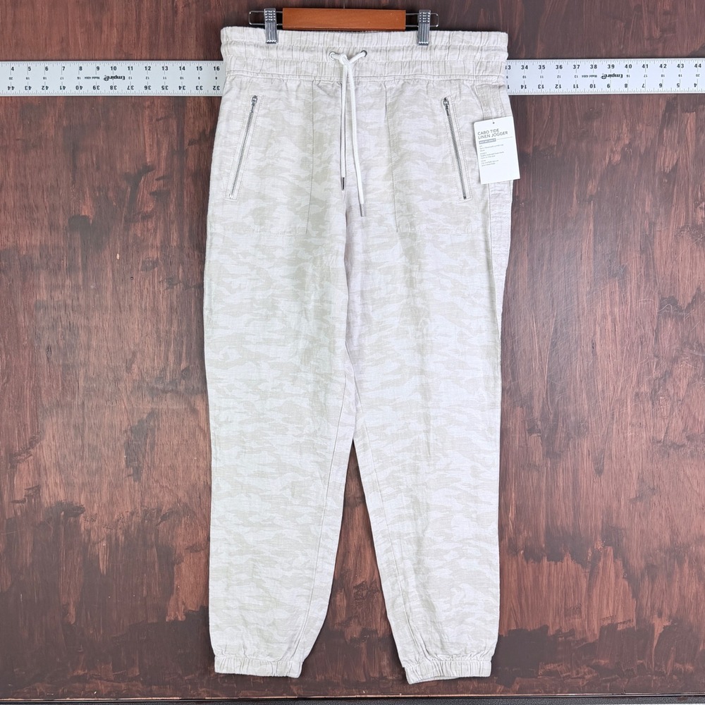 Athleta Cabo Tide Linen Jogger Pants 10 Beige Camo Print Drawstring Zip Pocket